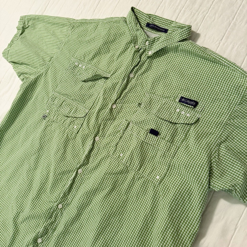 Columbia PFG Shirt Mens XXL 2X Green Gingham Check Super Bonehead Vented Fishing
